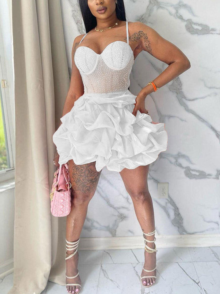 Rhinestone Mesh Ruffle Dress White / 3XL