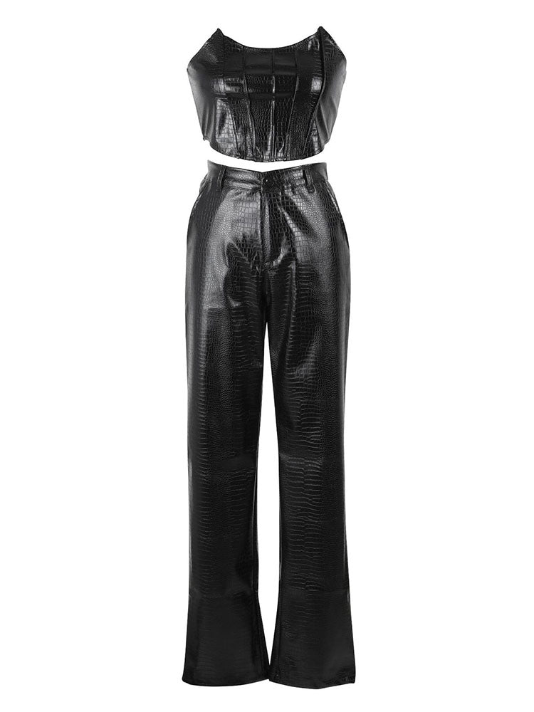 Leather Tube Top & Pants Set Black / L