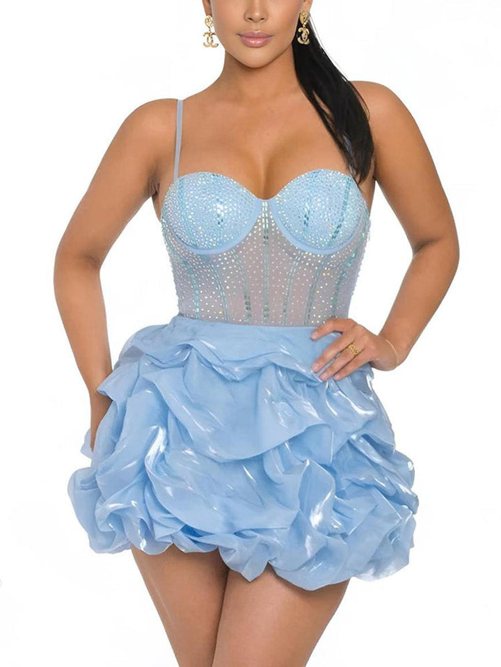 Rhinestone Mesh Ruffle Dress Blue / 2XL