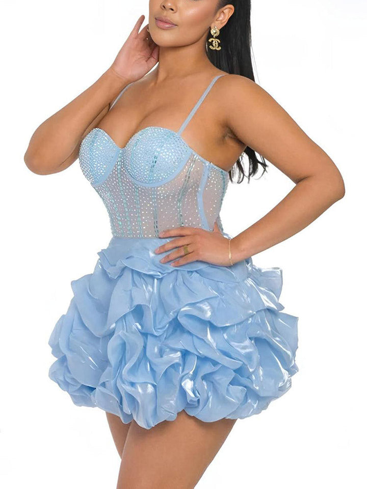 Rhinestone Mesh Ruffle Dress Blue / 3XL