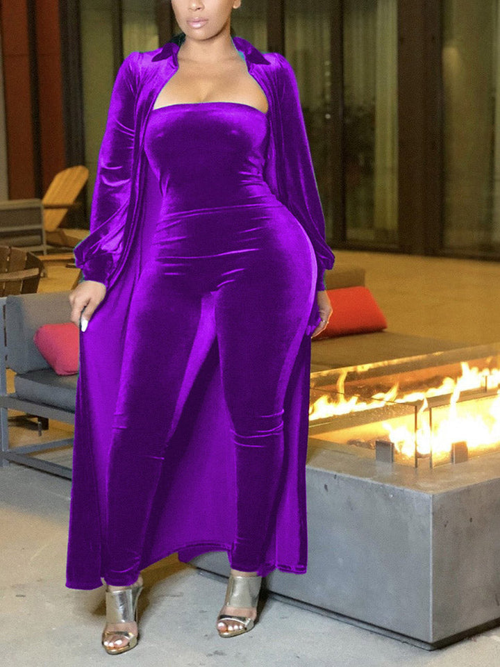 Velvet Cardigan Tube Jumpsuit Set Red / 2XL