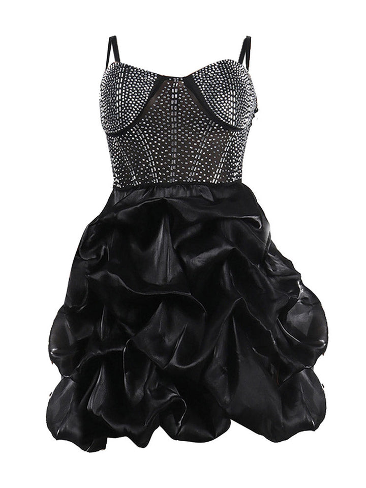 Rhinestone Mesh Ruffle Dress Blue / L
