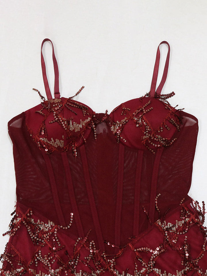 Sequin Fringed Gown Maxi Dress Red / XL