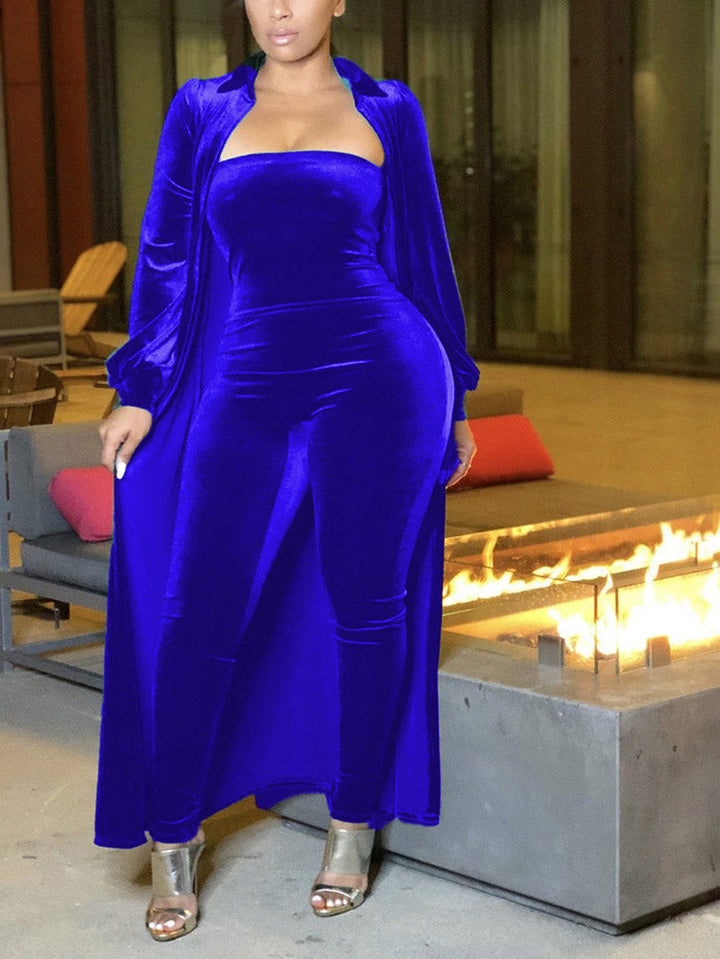 Velvet Cardigan Tube Jumpsuit Set Black / S