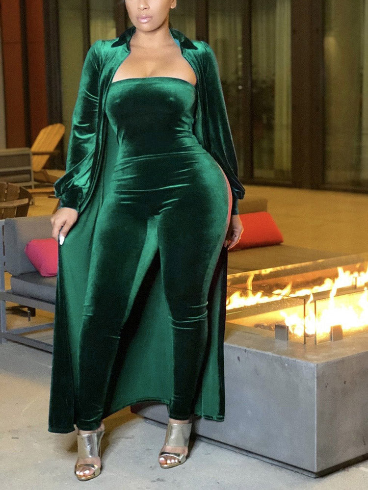 Velvet Cardigan Tube Jumpsuit Set Green / S