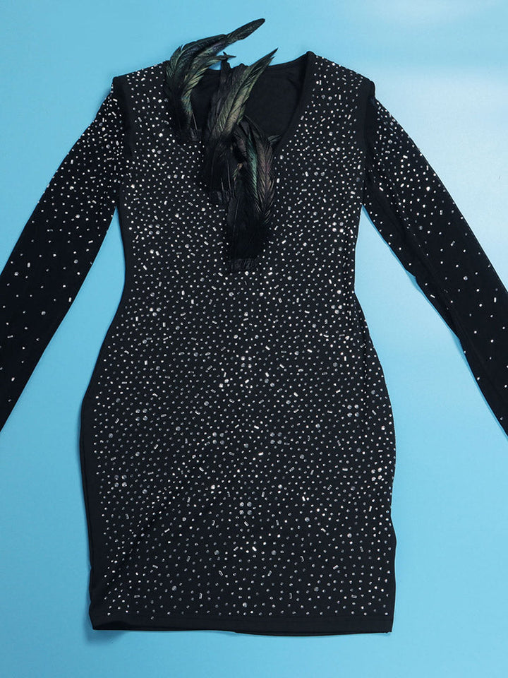 Rhinestones Feather Neckline Dress White / M