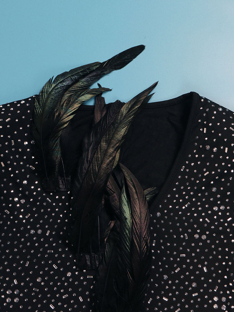 Rhinestones Feather Neckline Dress White / L