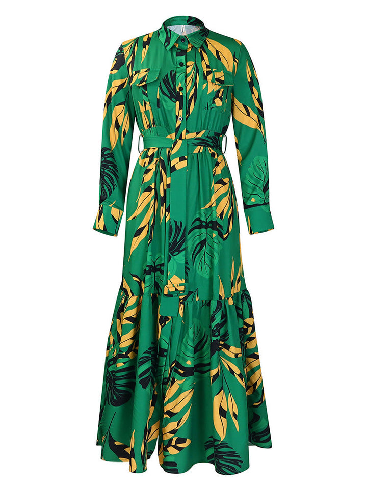 Leaf Print Ruffle Hem Dress Green / XL