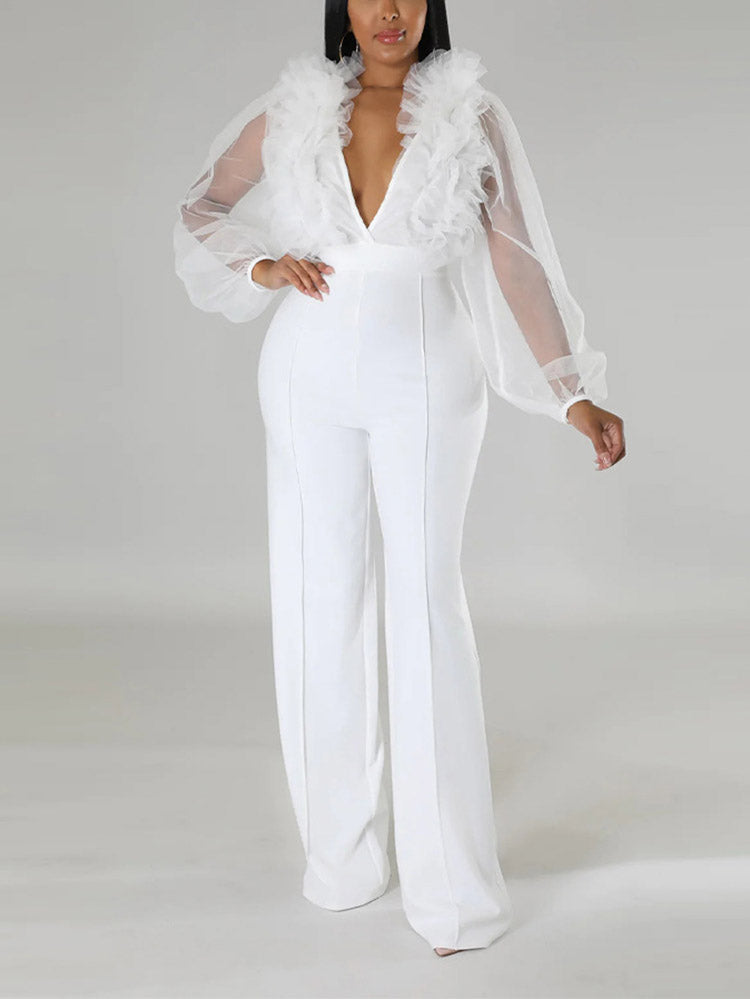 Mesh V Neck Jumpsuit White / XL
