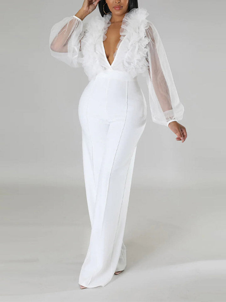 Mesh V Neck Jumpsuit White / 2XL