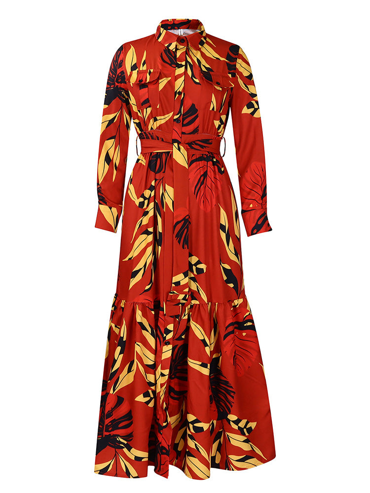 Leaf Print Ruffle Hem Dress Red / L