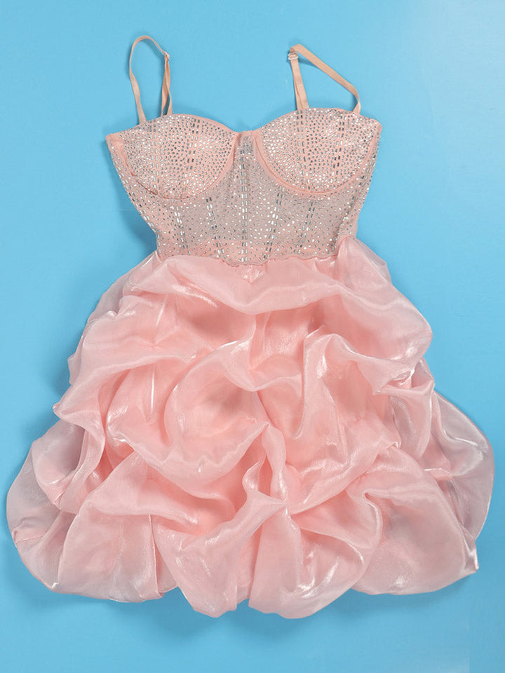 Rhinestone Mesh Ruffle Dress Pink / XL