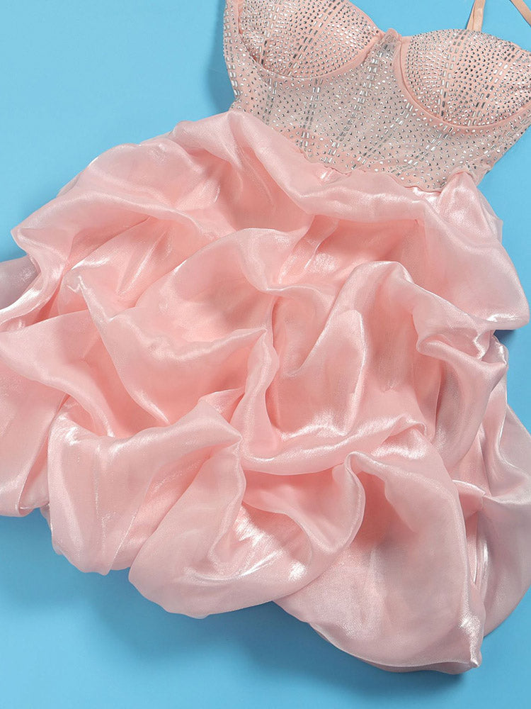 Rhinestone Mesh Ruffle Dress Pink / 2XL