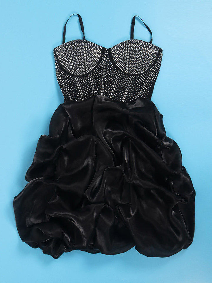 Rhinestone Mesh Ruffle Dress Black / 3XL