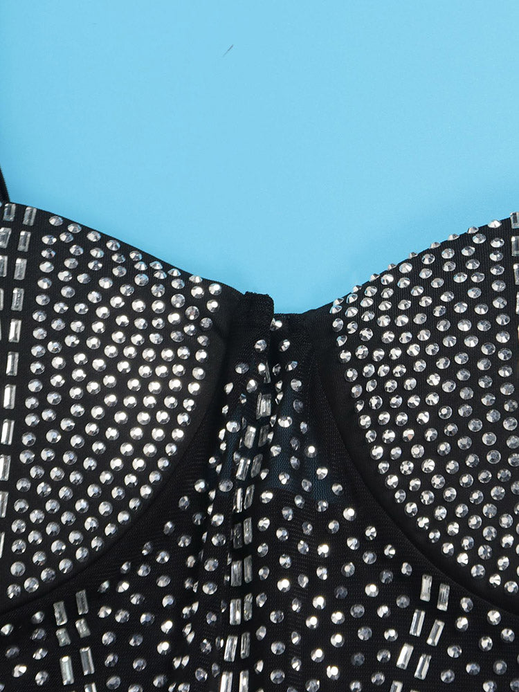 Rhinestone Mesh Ruffle Dress Blue / M