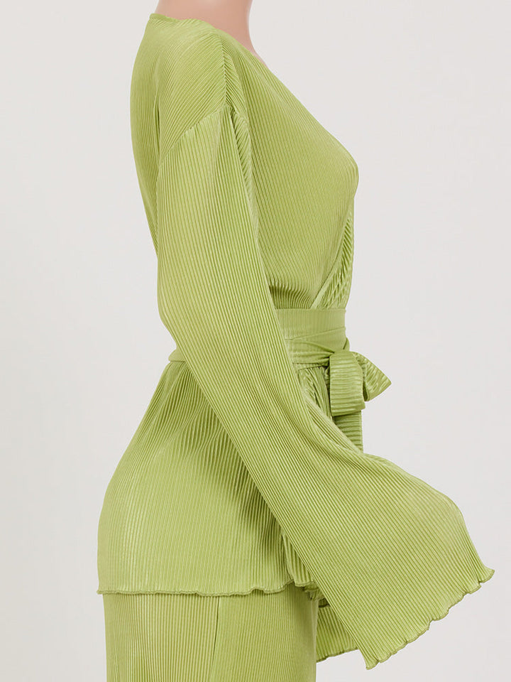 Belted Top Pleated Pants Set Pink / S