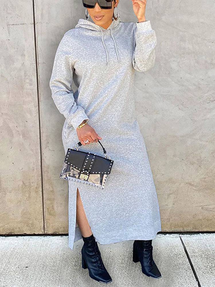 Slant Pockets Drawstring Hoodie Dress Wine Red / 2XL