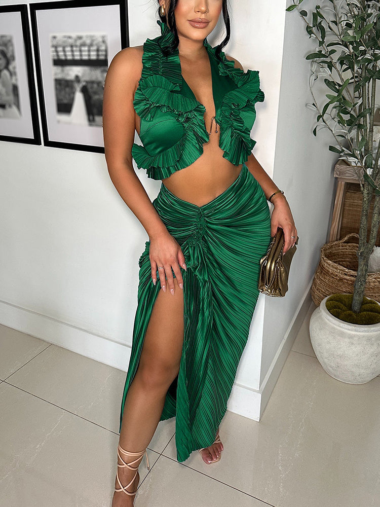 Ruffle Crop Top & Slit Skirt Set Green / S