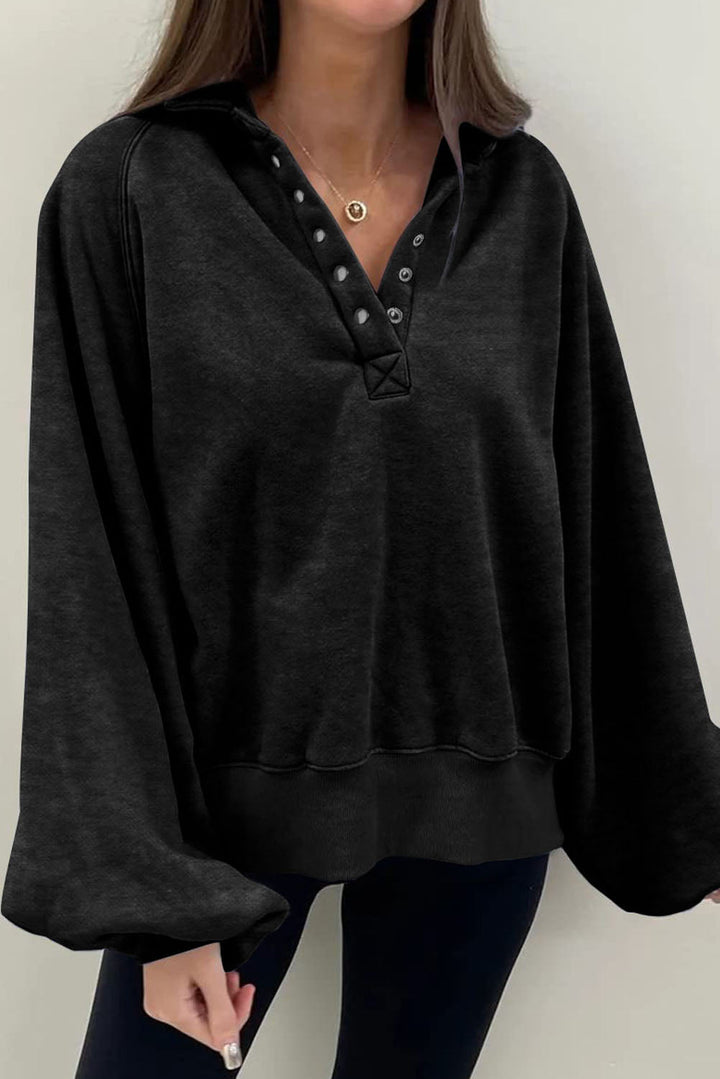 Buttons Balloon Sleeve Oversized Sweatshirt Black · 2XL