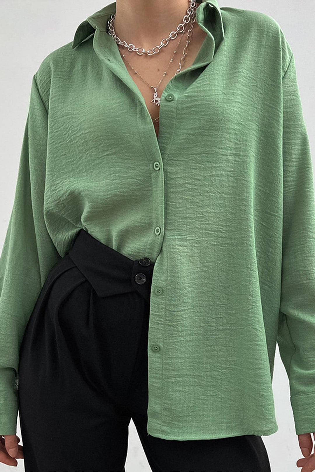 Solid Color Lapel Long Sleeve Button-Up Blouse Green · S