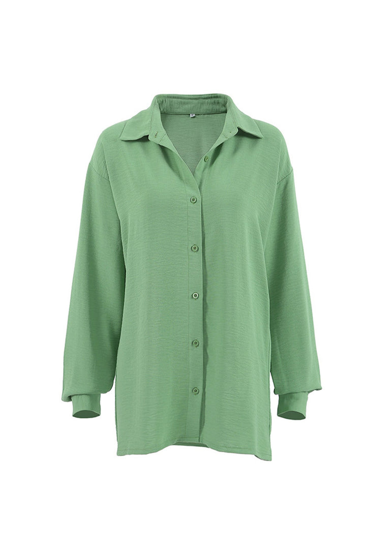 Solid Color Lapel Long Sleeve Button-Up Blouse Green · L
