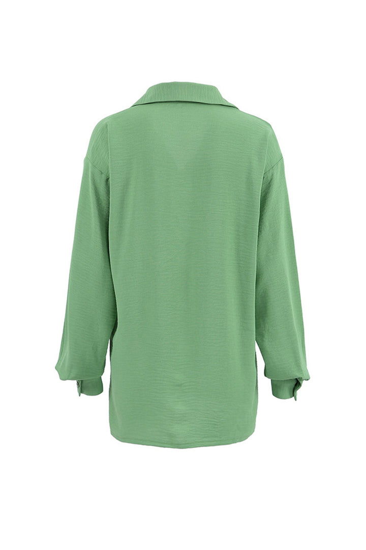 Solid Color Lapel Long Sleeve Button-Up Blouse Grey · S