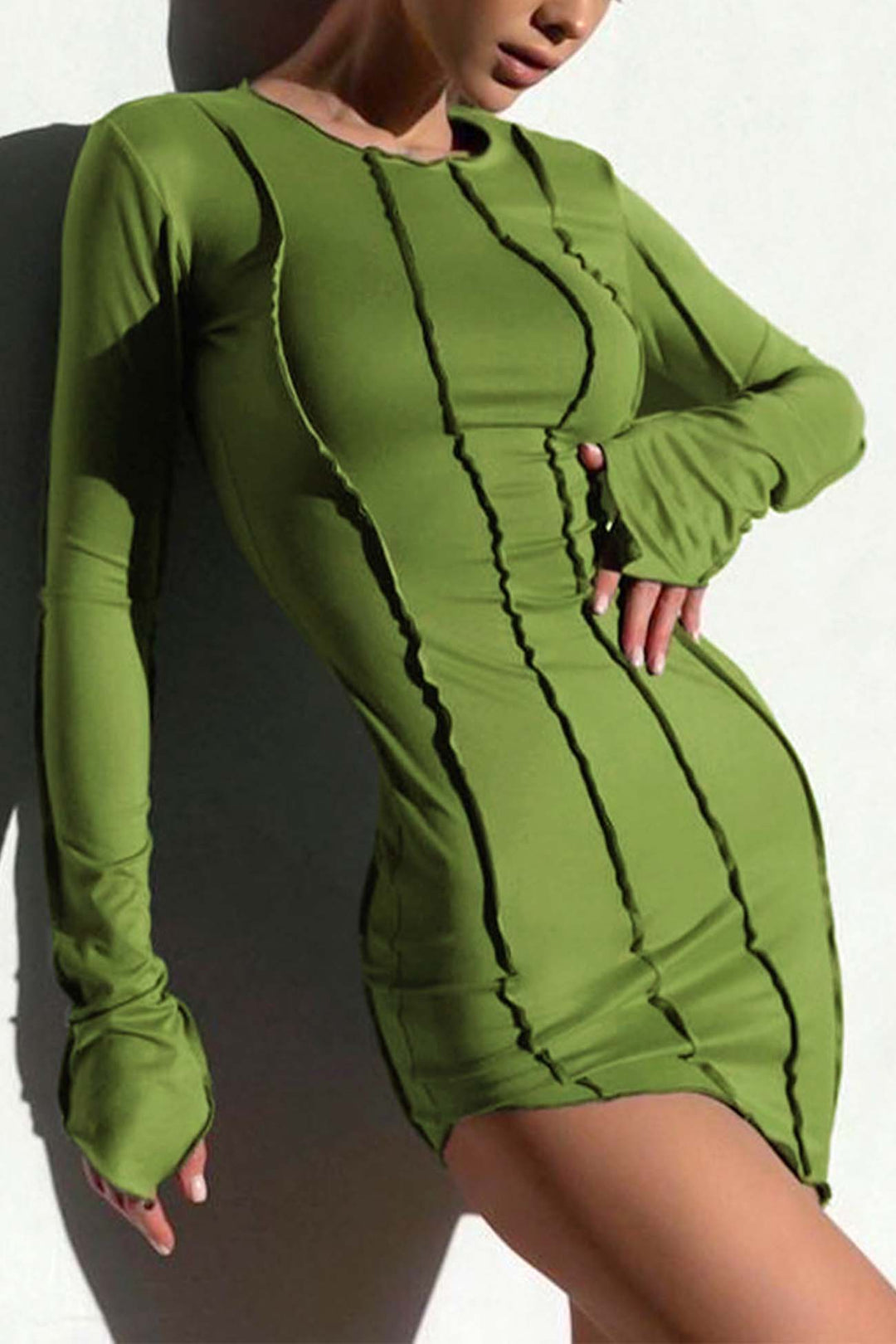 Irregular Shirred Long Sleeve Bodycon Mini Dress Green · S