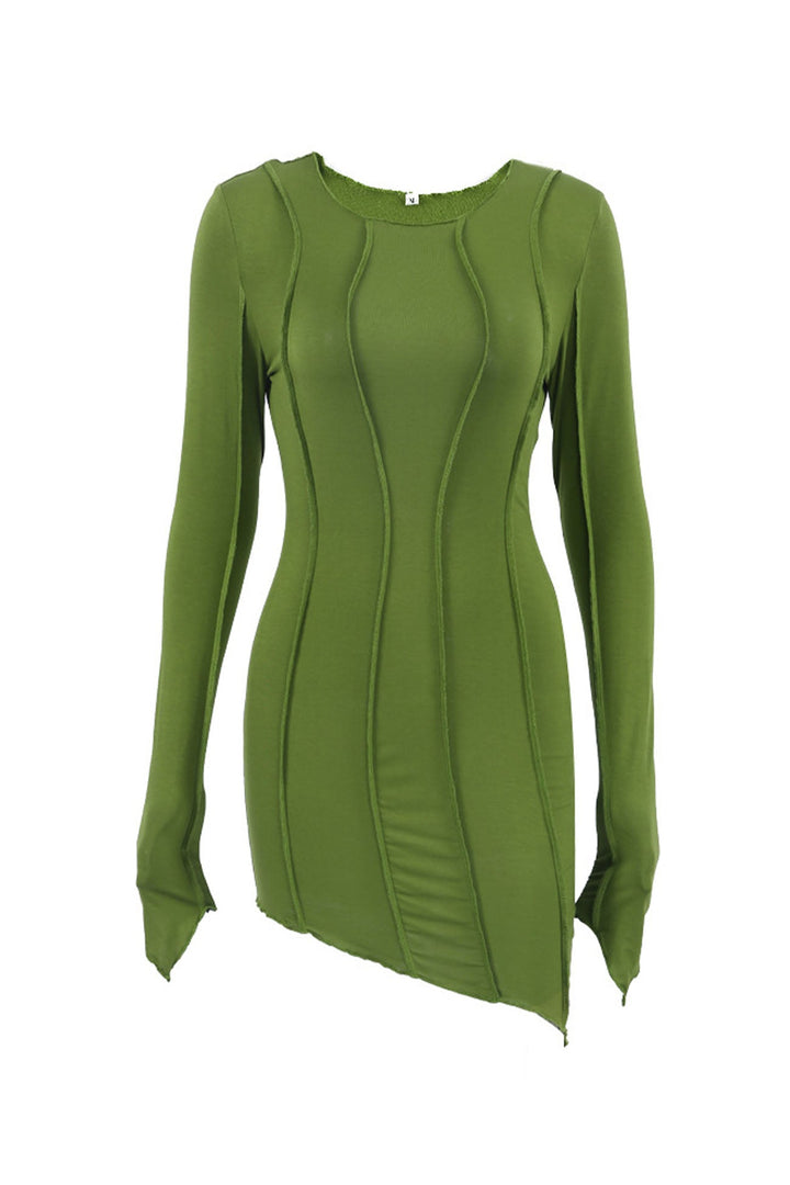 Irregular Shirred Long Sleeve Bodycon Mini Dress Green · L