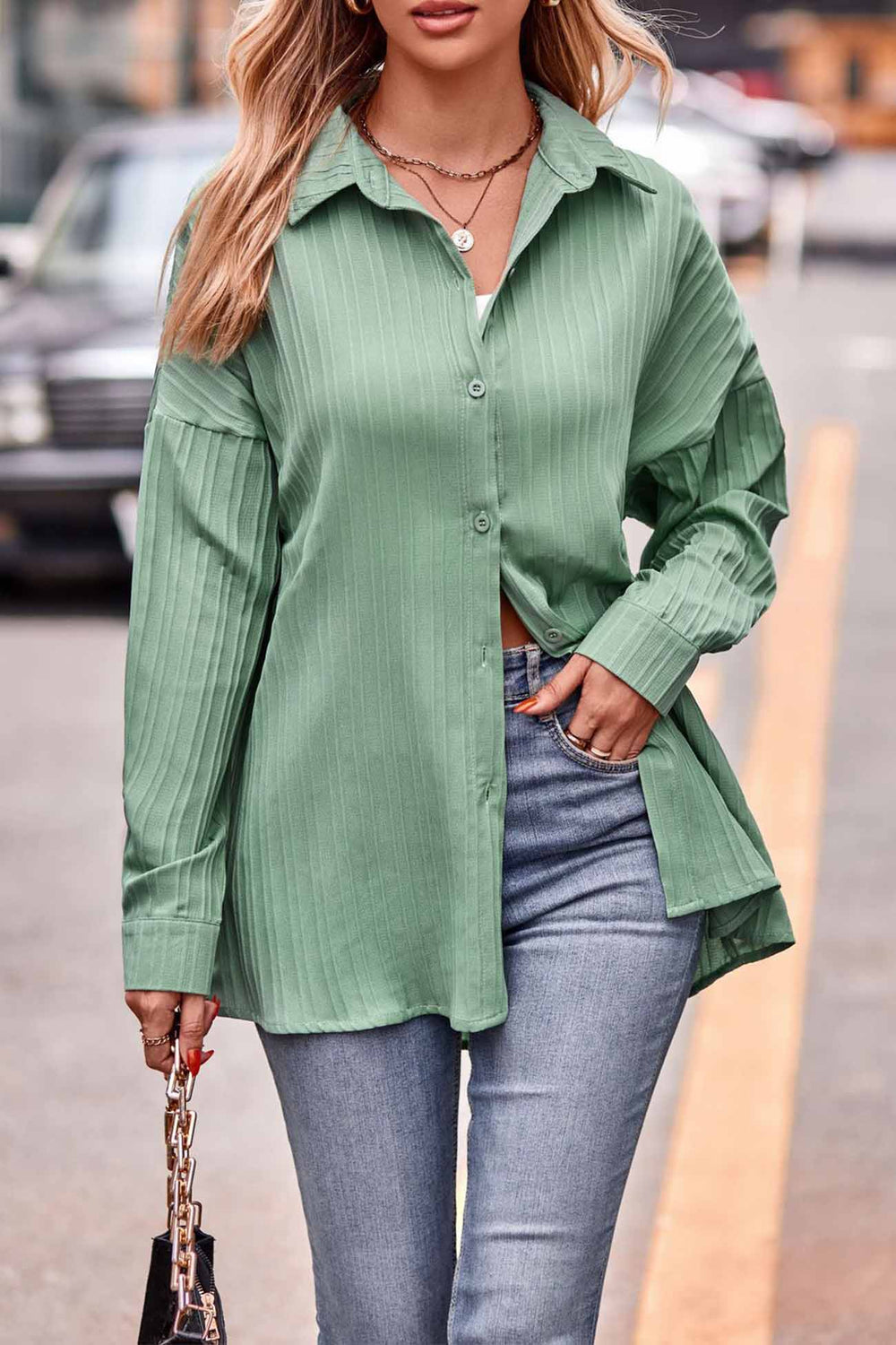Lapel Button Up Back Tie Up Blouse Green · M