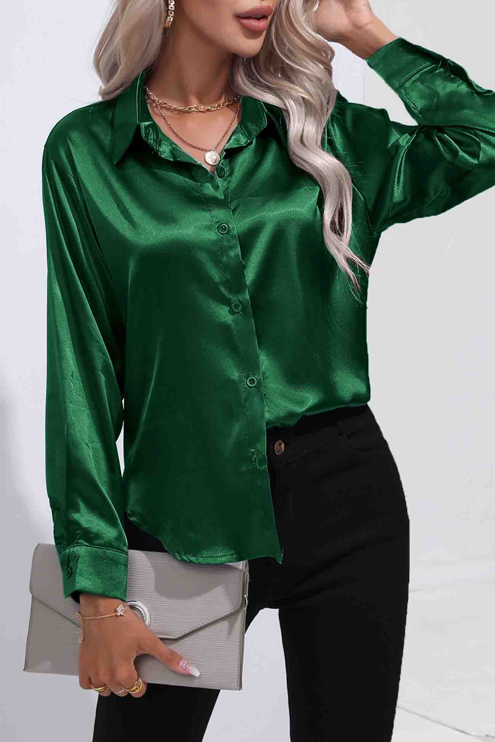 Lapel Satin Button Up Blouse Dark Green · M