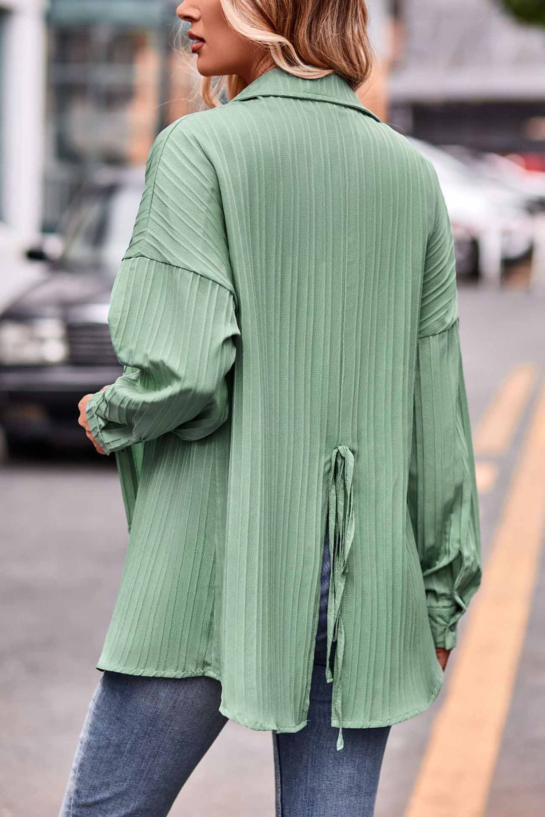 Lapel Button Up Back Tie Up Blouse Green · S