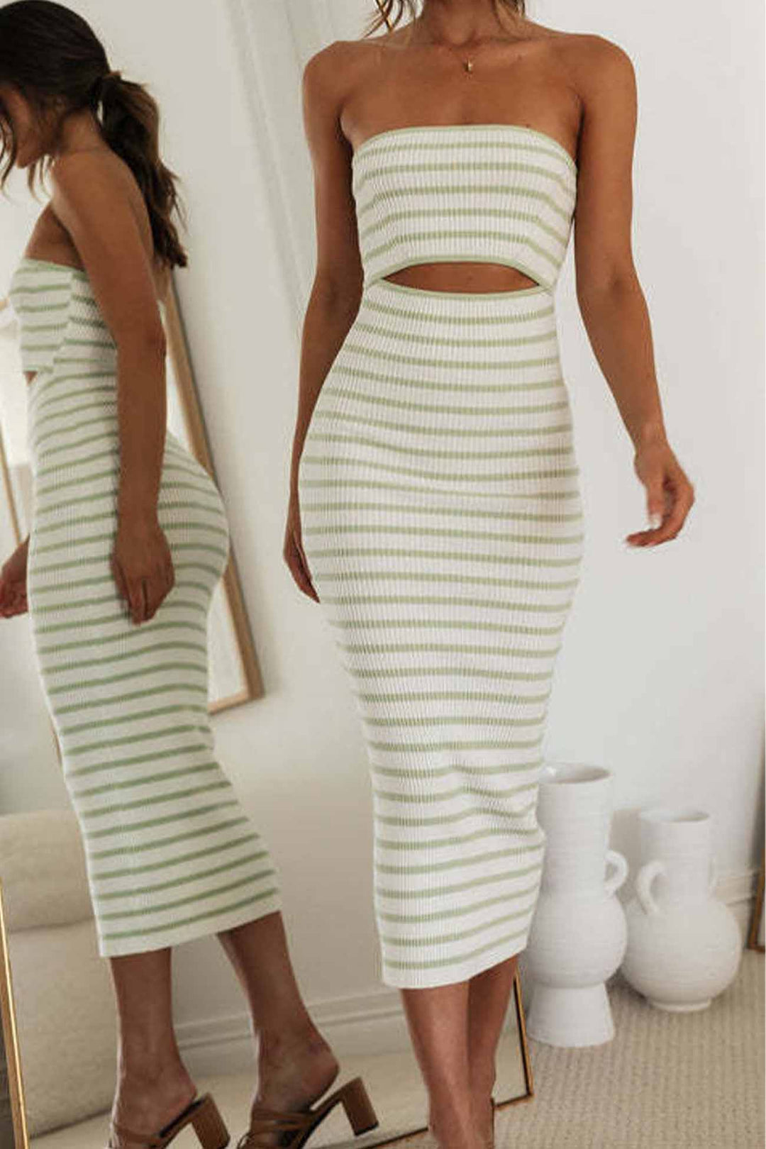 Striped Sleeveless Hollow Knitted Dress Green Stripe · M