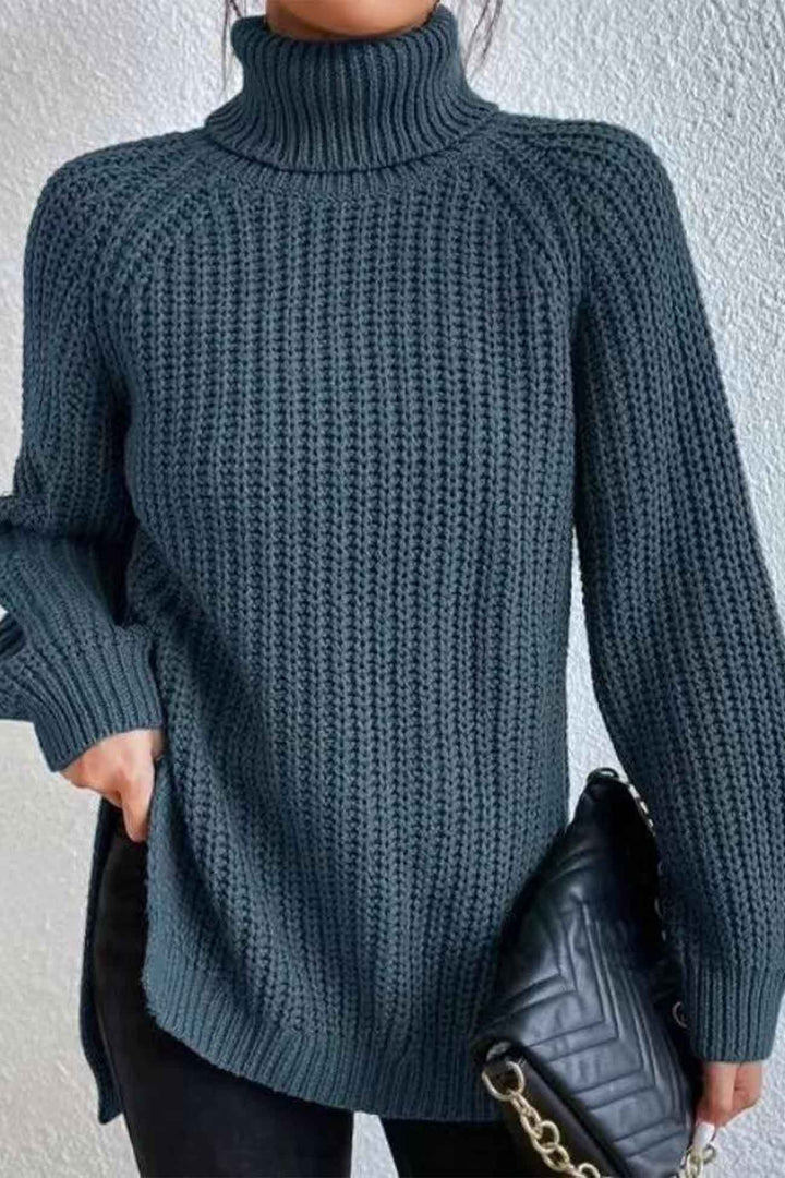 Raglan Sleeve Turtleneck Slit Mid-Length Sweater Black · L