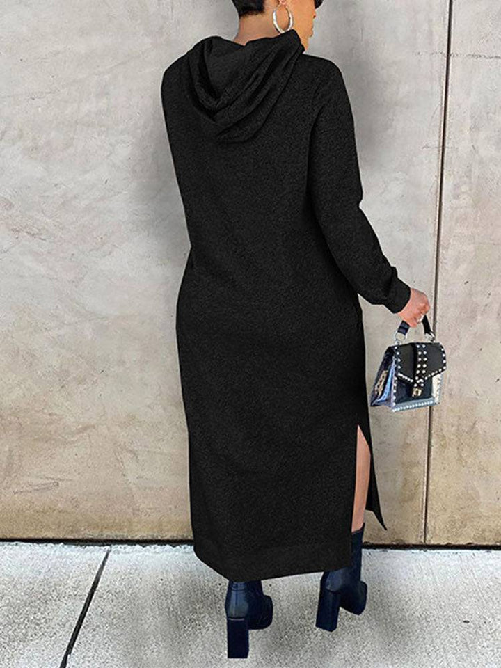 Slant Pockets Drawstring Hoodie Dress Black / 2XL