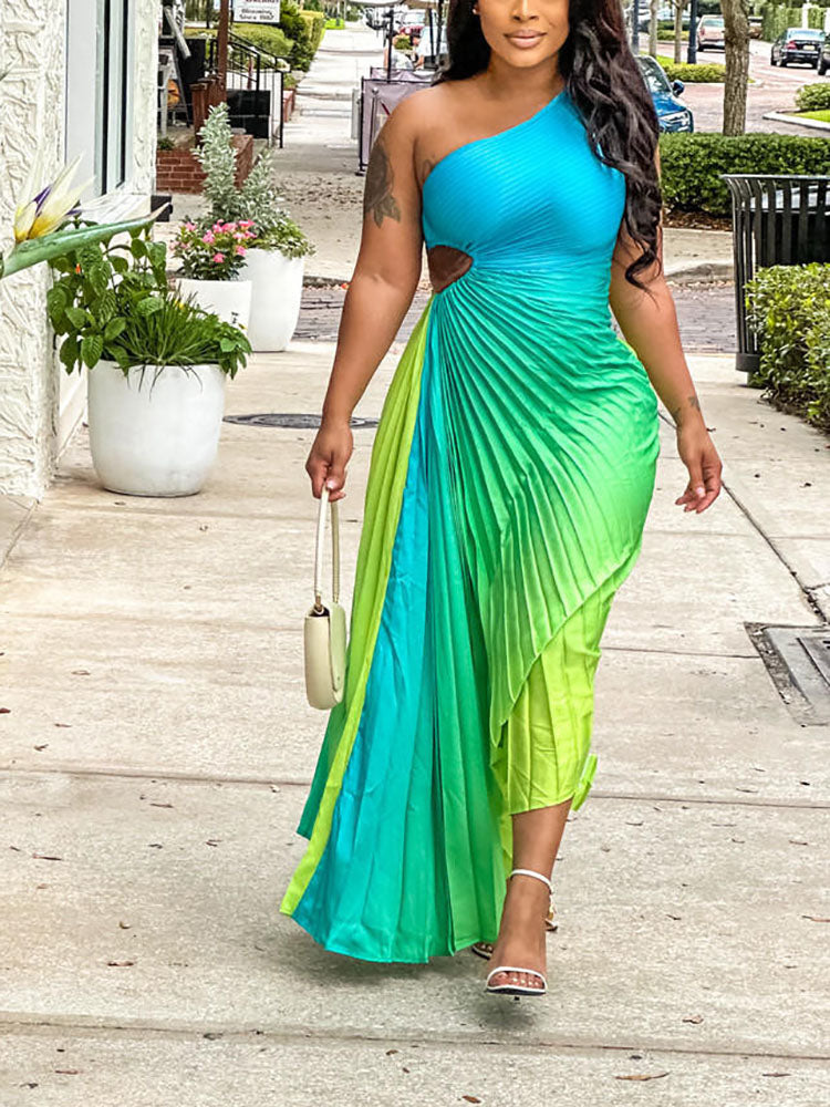 Ombre One Shoulder Pleated Dress Green / M