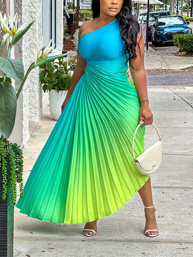 Ombre One Shoulder Pleated Dress Green / S