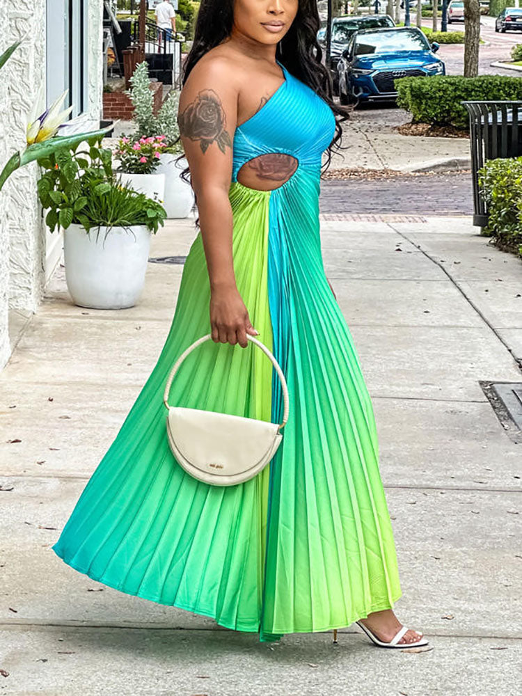 Ombre One Shoulder Pleated Dress Green / L