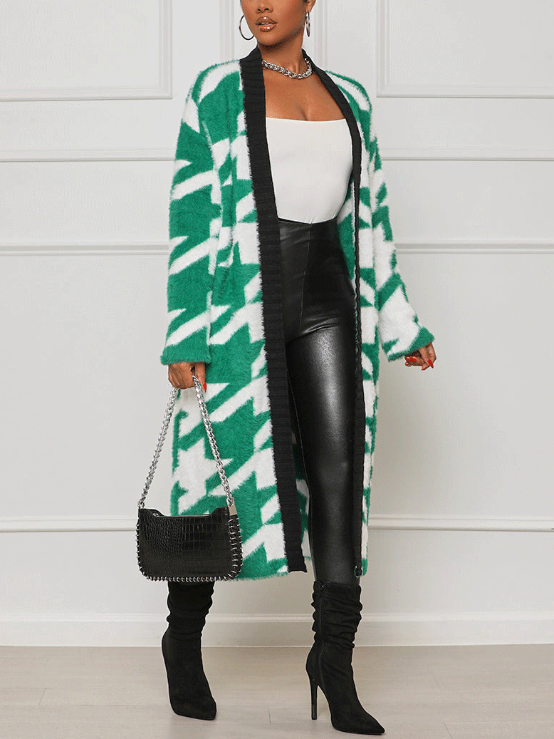 Fur Houndstooth Cardigan Green / 2XL