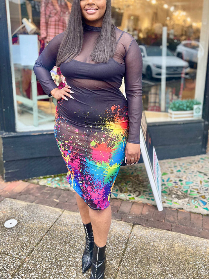 Mesh Printed Long Sleeve Midi Dress Multicolor / XL