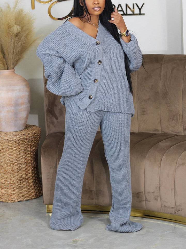 Knit Button Cardigan & Wide Pants Set Gray* / S