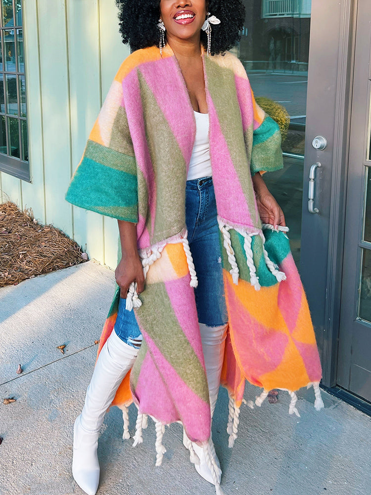 Colorblock Knit Fringe Cardigan Orange Pink / S