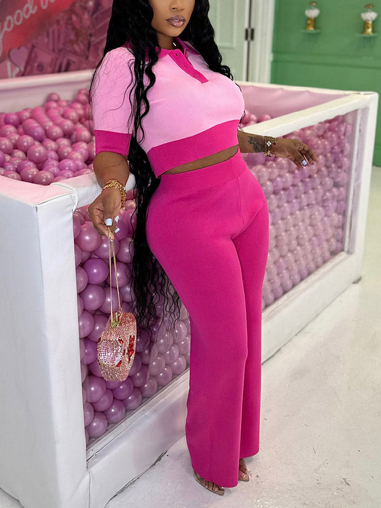 Contrast Crop Top & Pants Set Green / 2XL