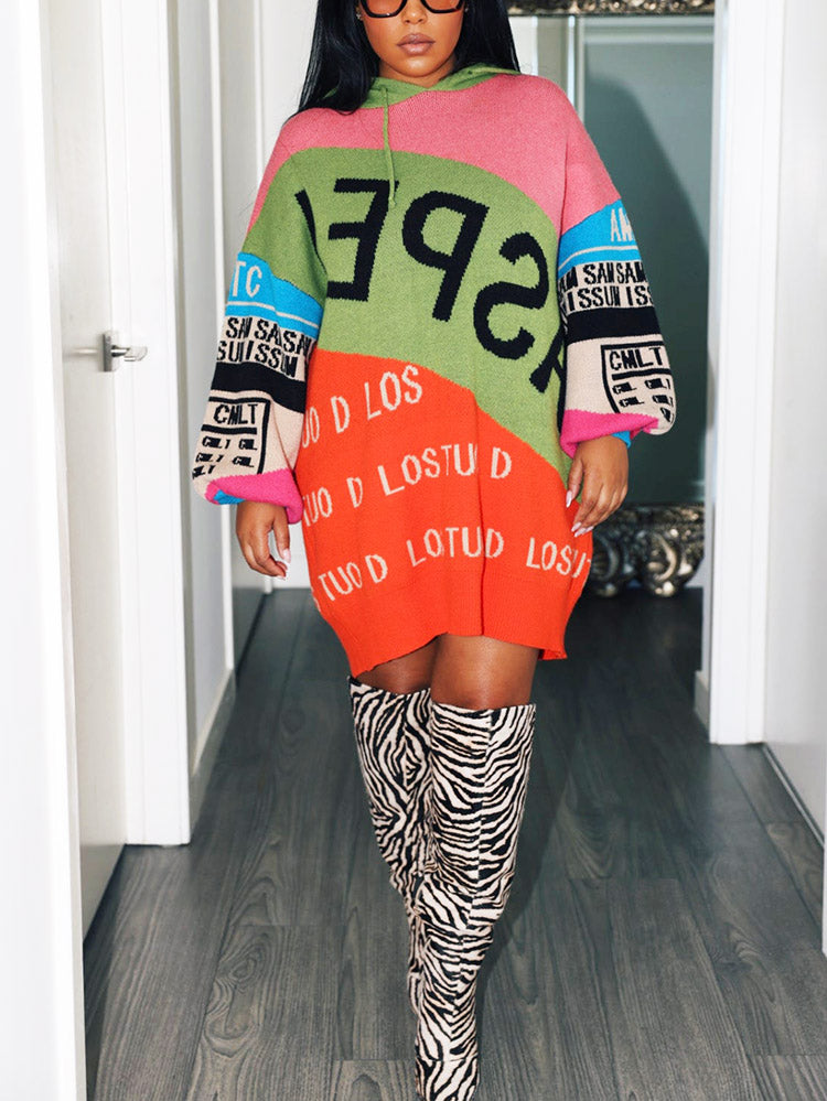 Colorblock Knit Hoodie Sweater Dress Rose / One size