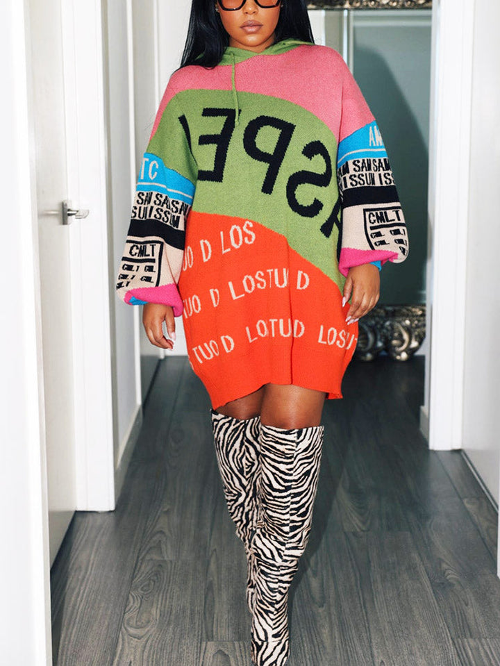 Colorblock Knit Hoodie Sweater Dress Rose / One size