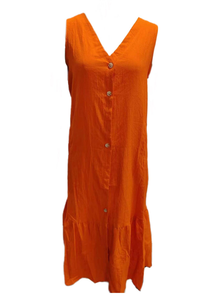 Single-breasted Sleeveless Pocketed Cotton Dress Pink · M