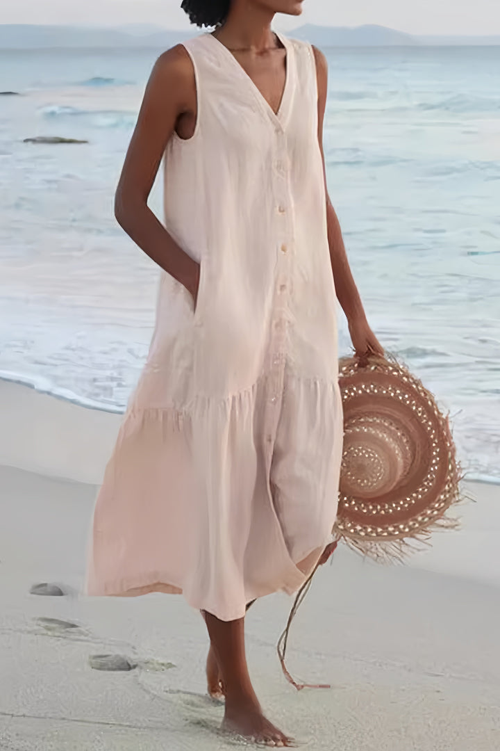 Single-breasted Sleeveless Pocketed Cotton Dress