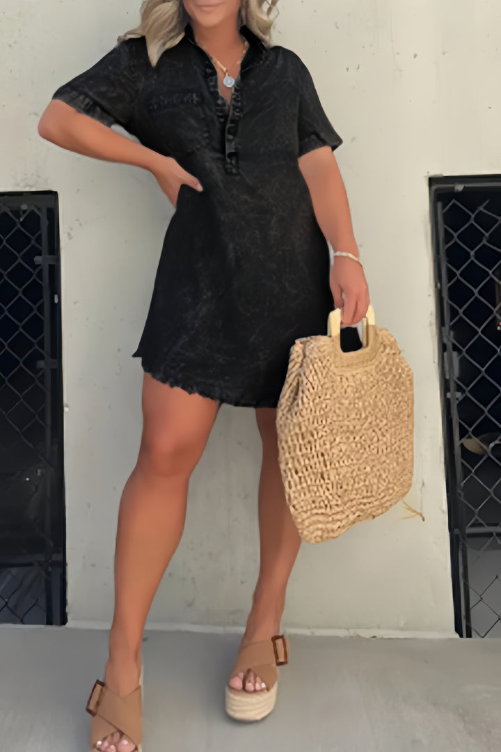 Shirt Collar Raw Edge Denim Dress Pink · L