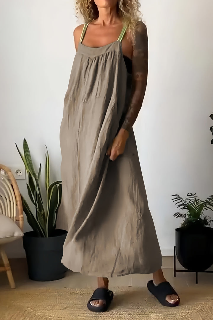 Cotton Linen Solid Pocketed Overall Dress Purple · 5XL