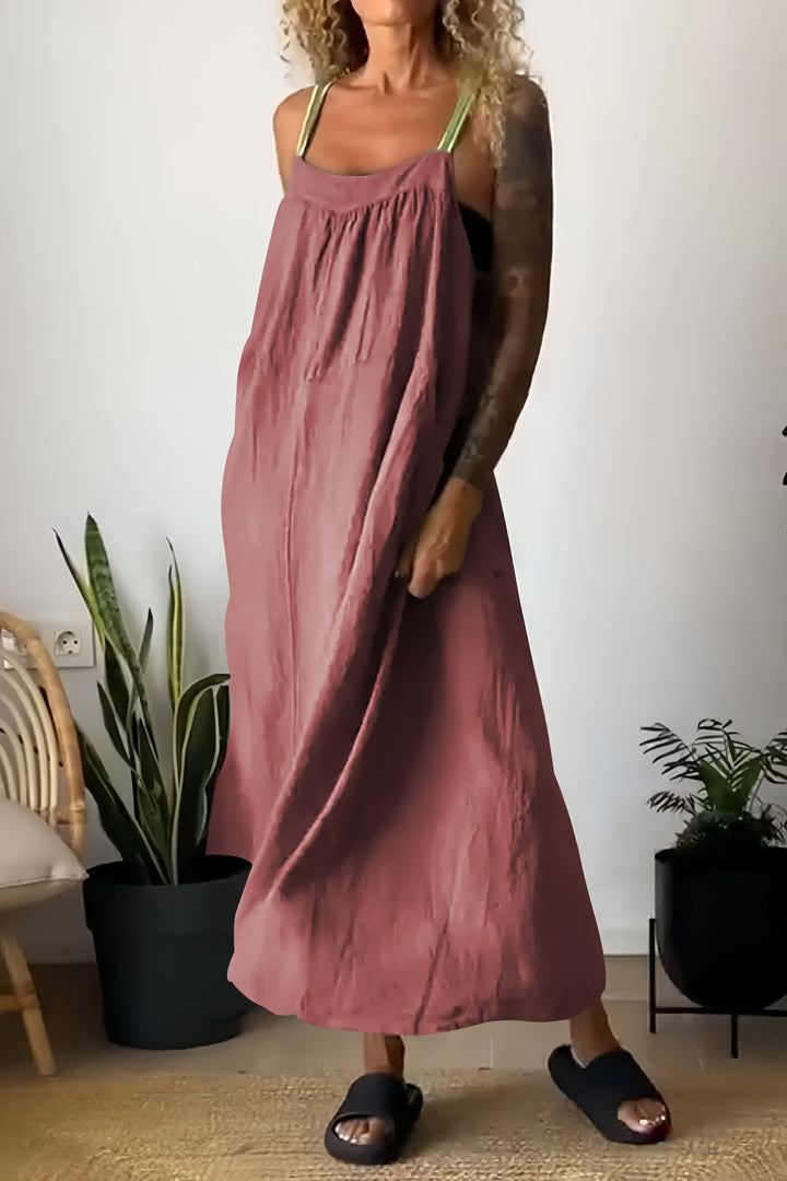Cotton Linen Solid Pocketed Overall Dress Green · M
