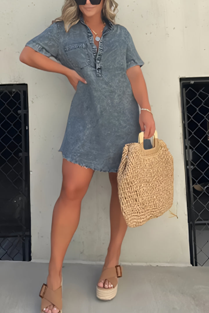 Shirt Collar Raw Edge Denim Dress Pink · XL
